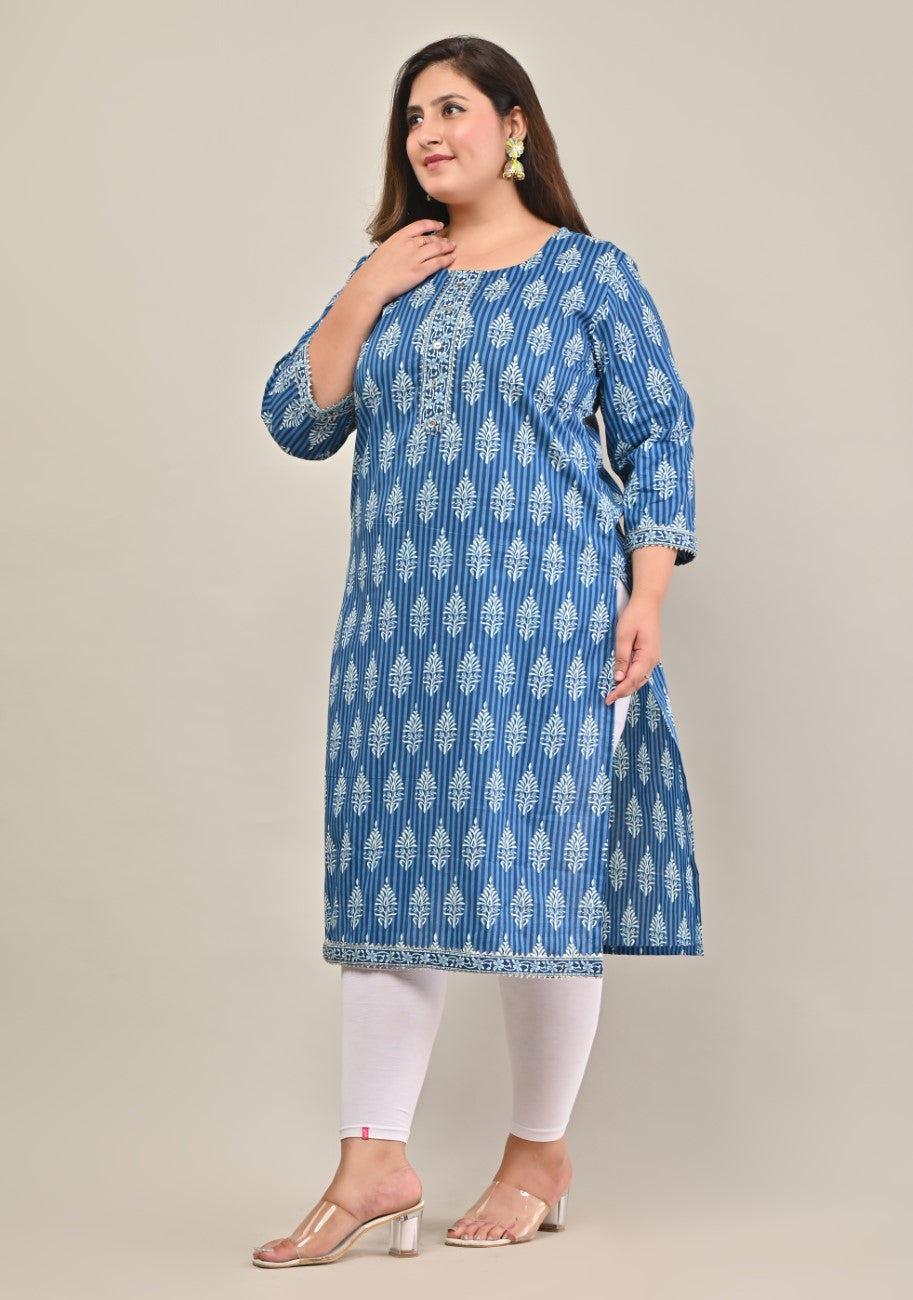 Plus Size Blue Cotton Floral Print Straight Kurta-570