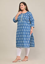 Plus Size Blue Cotton Floral Print Straight Kurta-570