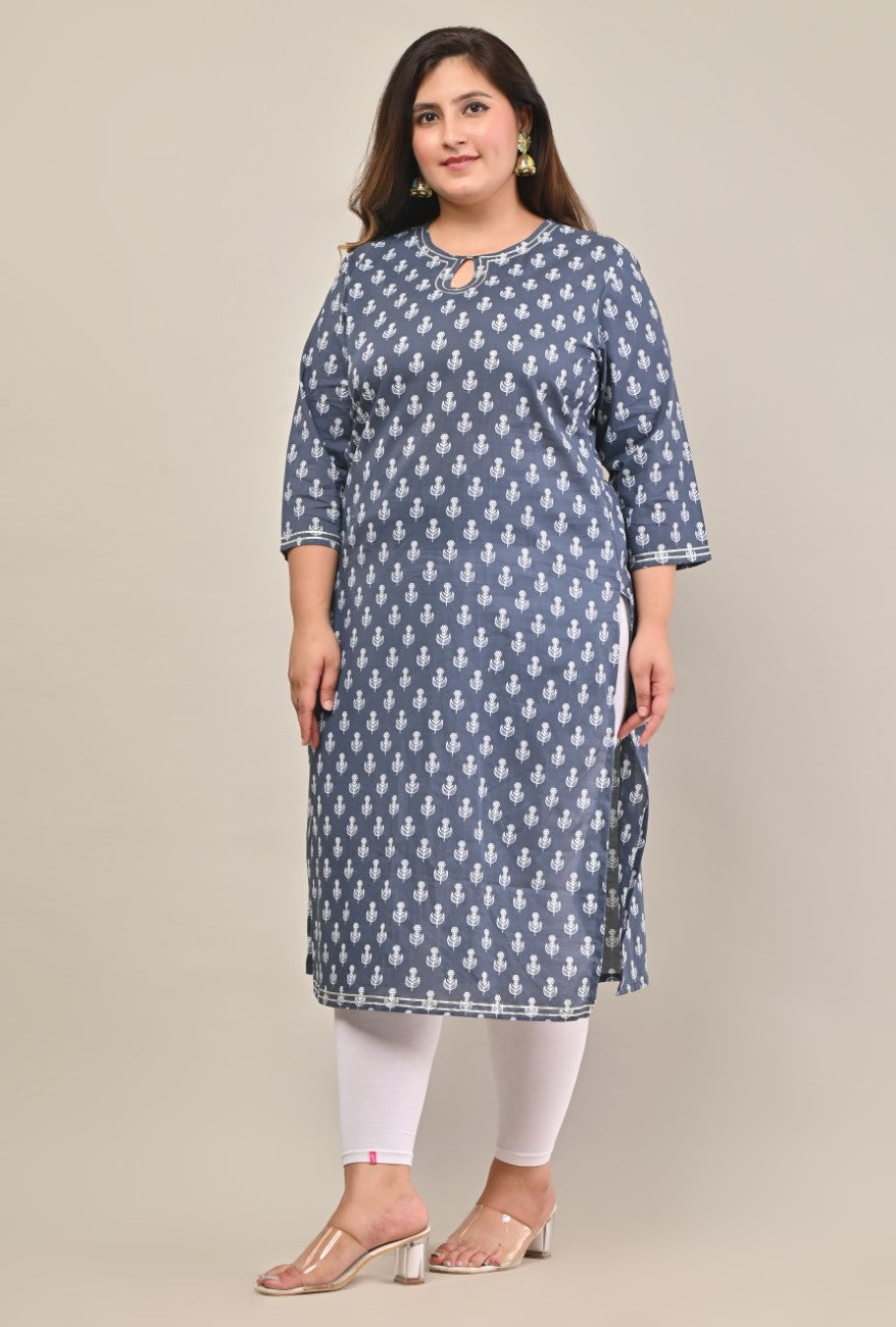 Plus Size Grey Cotton Print Straight Kurta-573 Secondary image