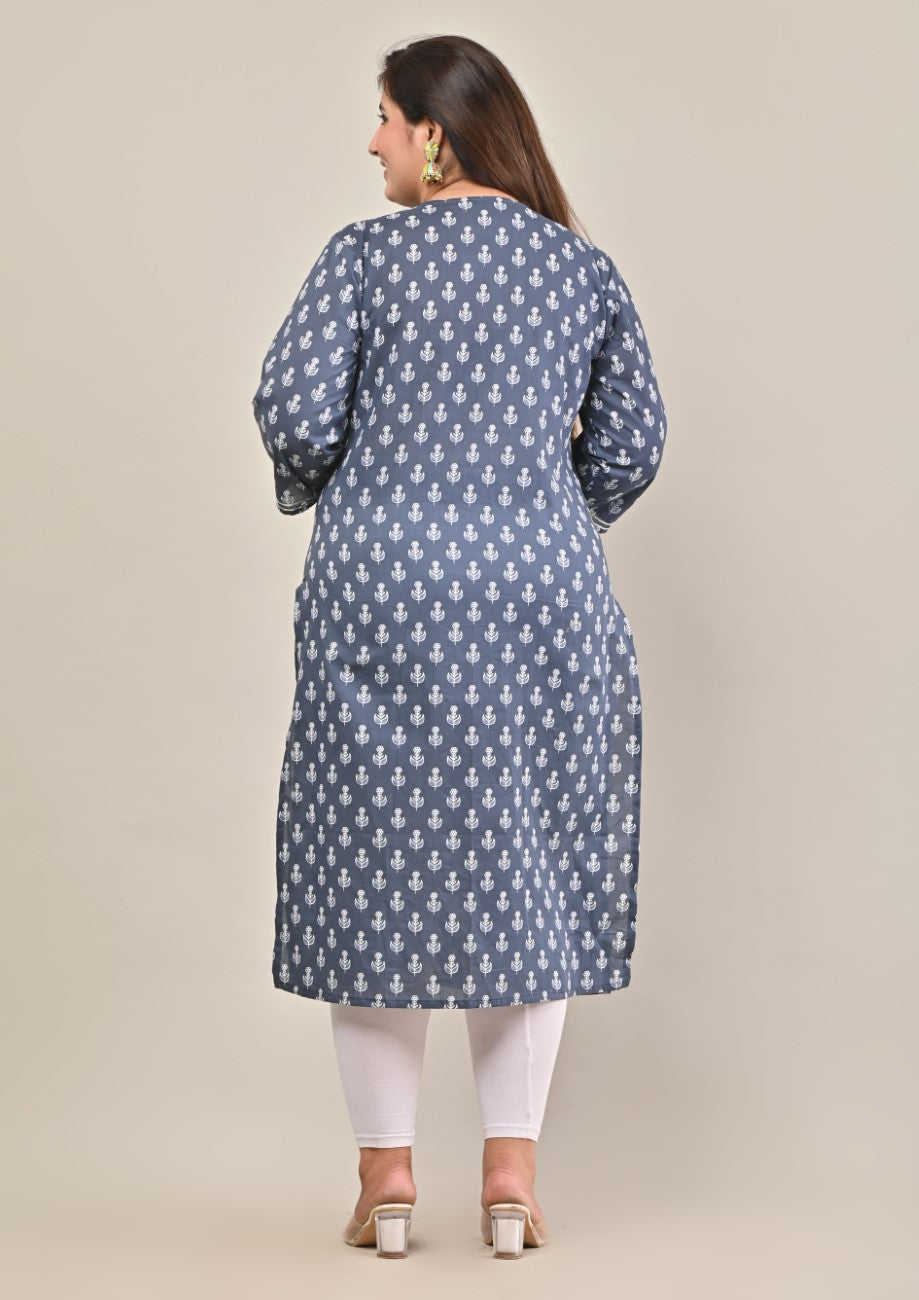 Plus Size Grey Cotton Print Straight Kurta-573