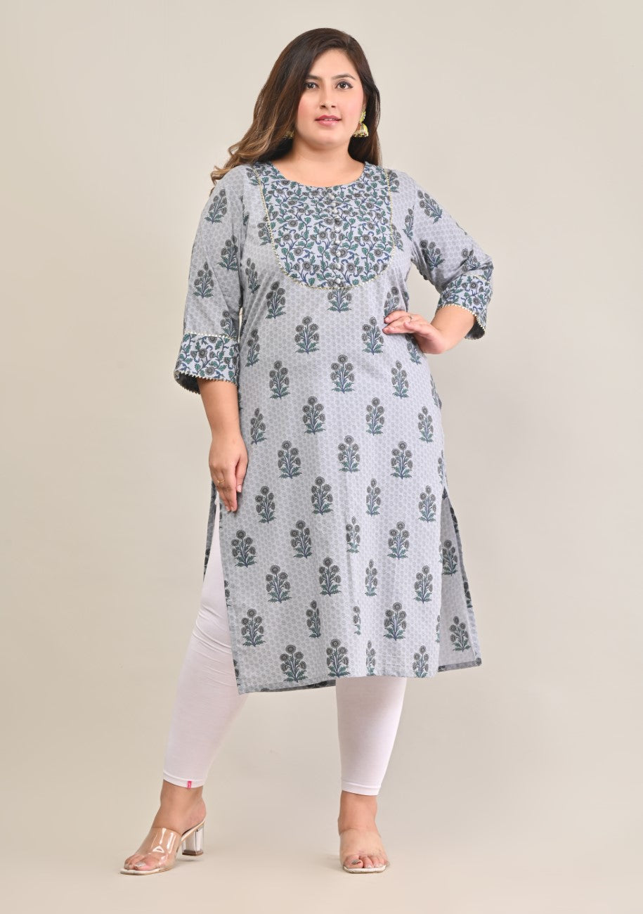 Plus Size Grey Cotton Print Straight Kurta-575