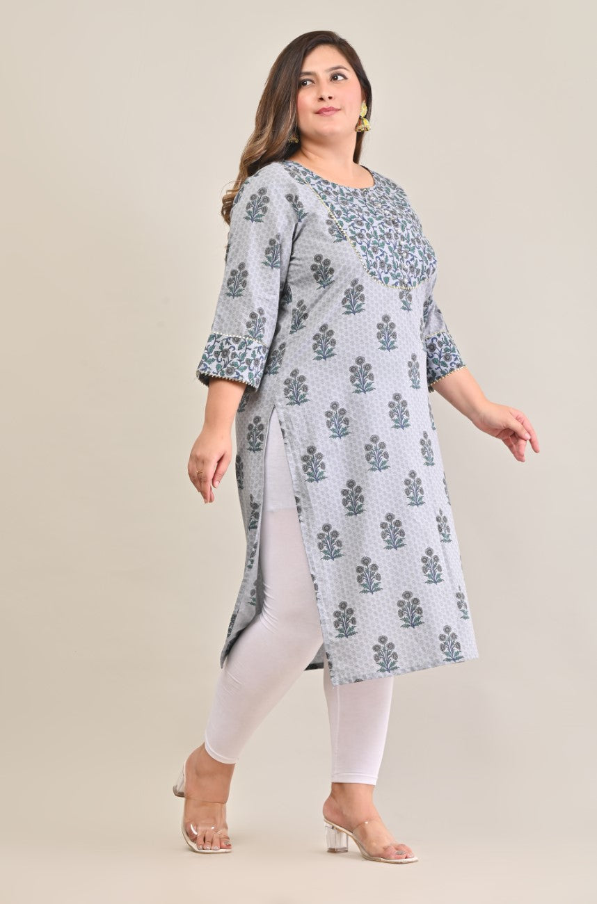 Plus Size Grey Cotton Print Straight Kurta-575