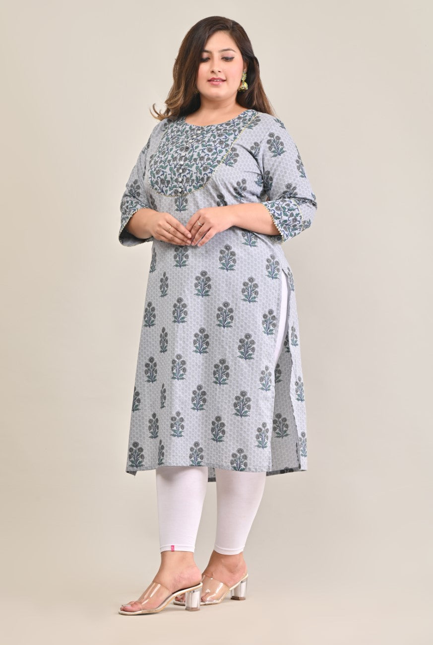 Plus Size Grey Cotton Print Straight Kurta-575