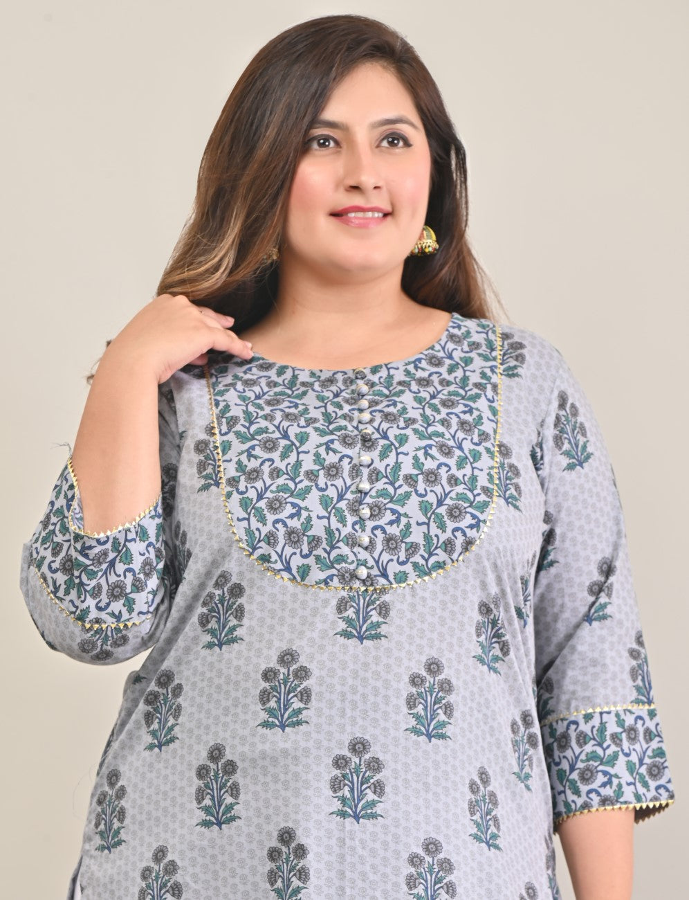 Plus Size Grey Cotton Print Straight Kurta-575