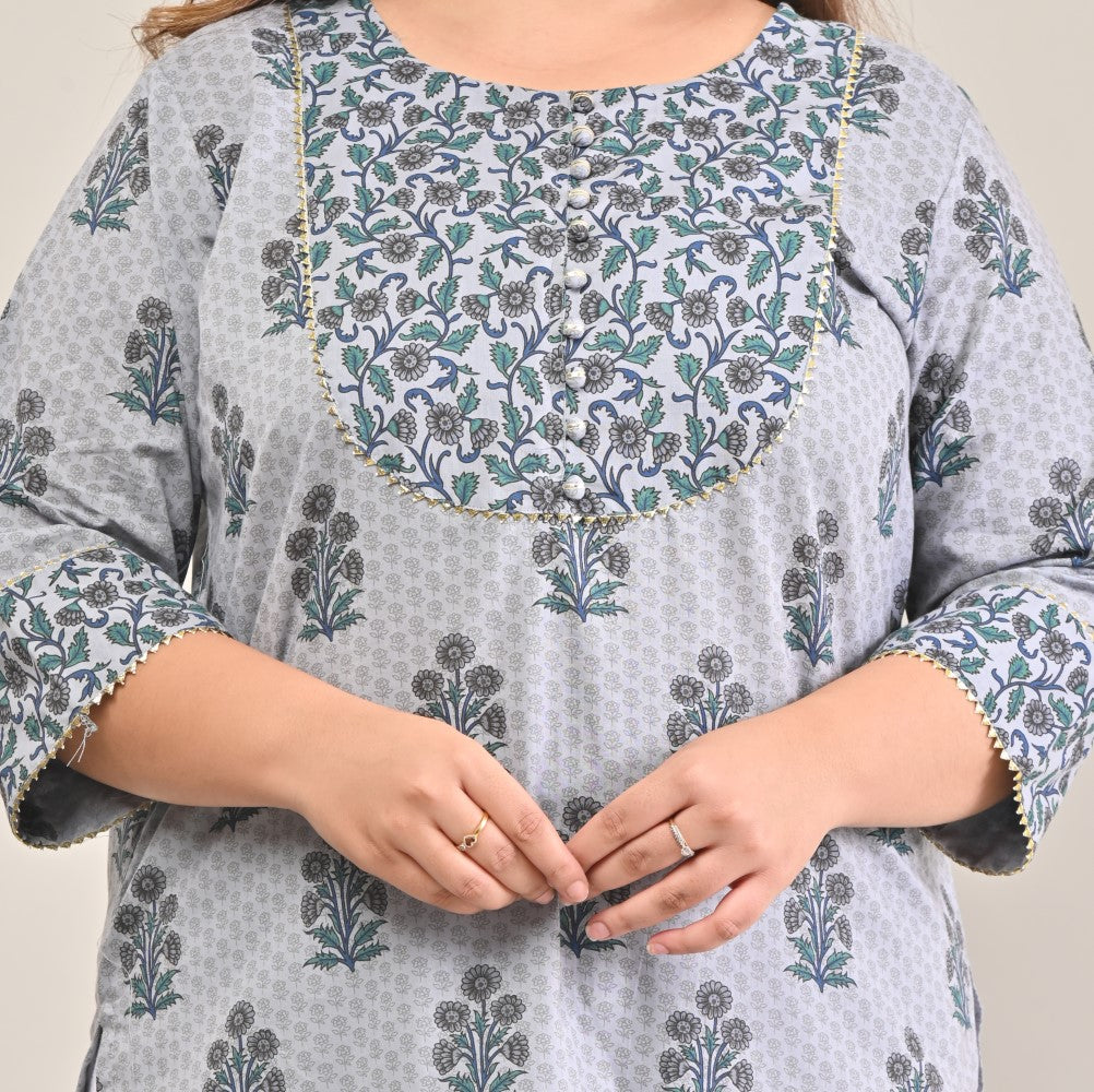 Plus Size Grey Cotton Print Straight Kurta-575