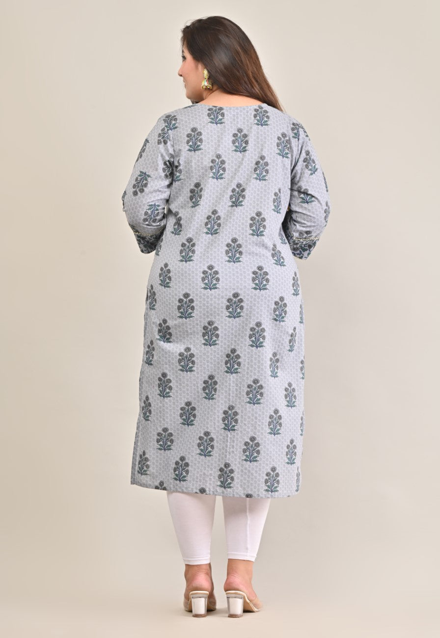 Plus Size Grey Cotton Print Straight Kurta-575