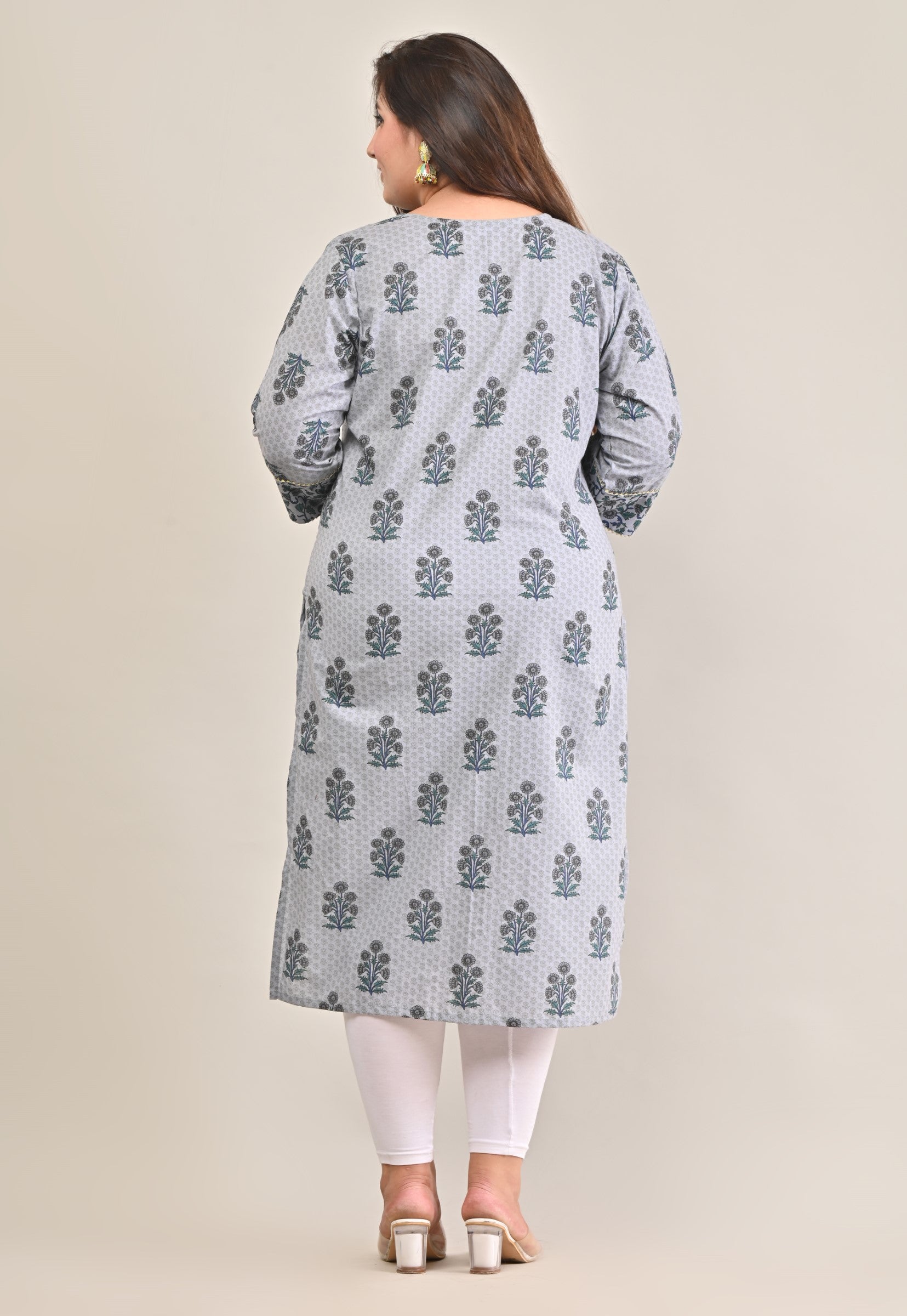 Plus Size Grey Cotton Print Straight Kurta-575