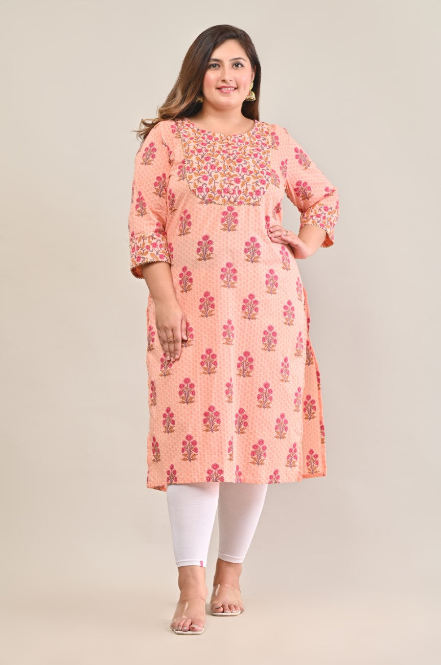 Plus Size Peach Cotton Printed Straight Kurta-575 Main image