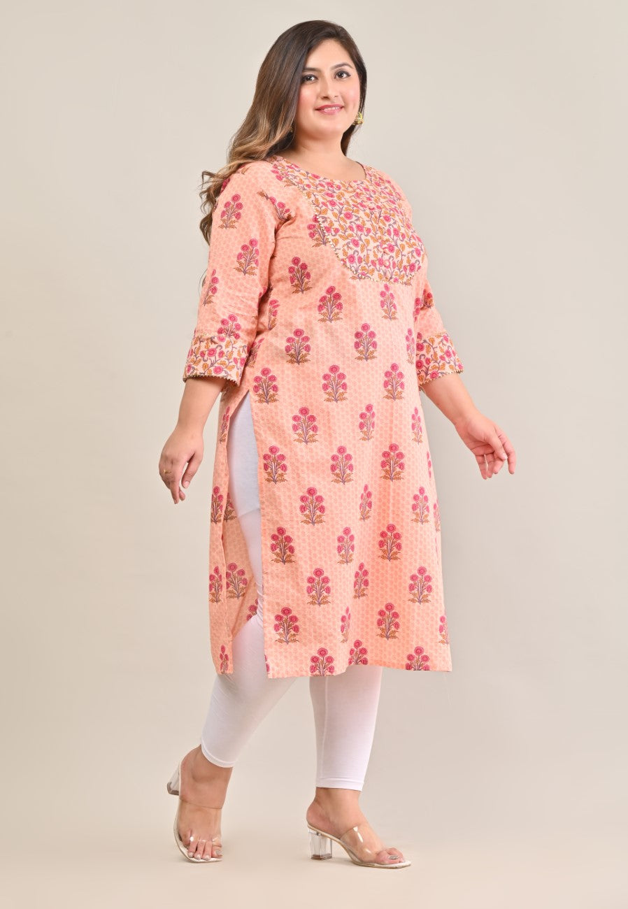 Plus Size Peach Cotton Printed Straight Kurta-575