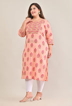 Plus Size Peach Cotton Printed Straight Kurta-575