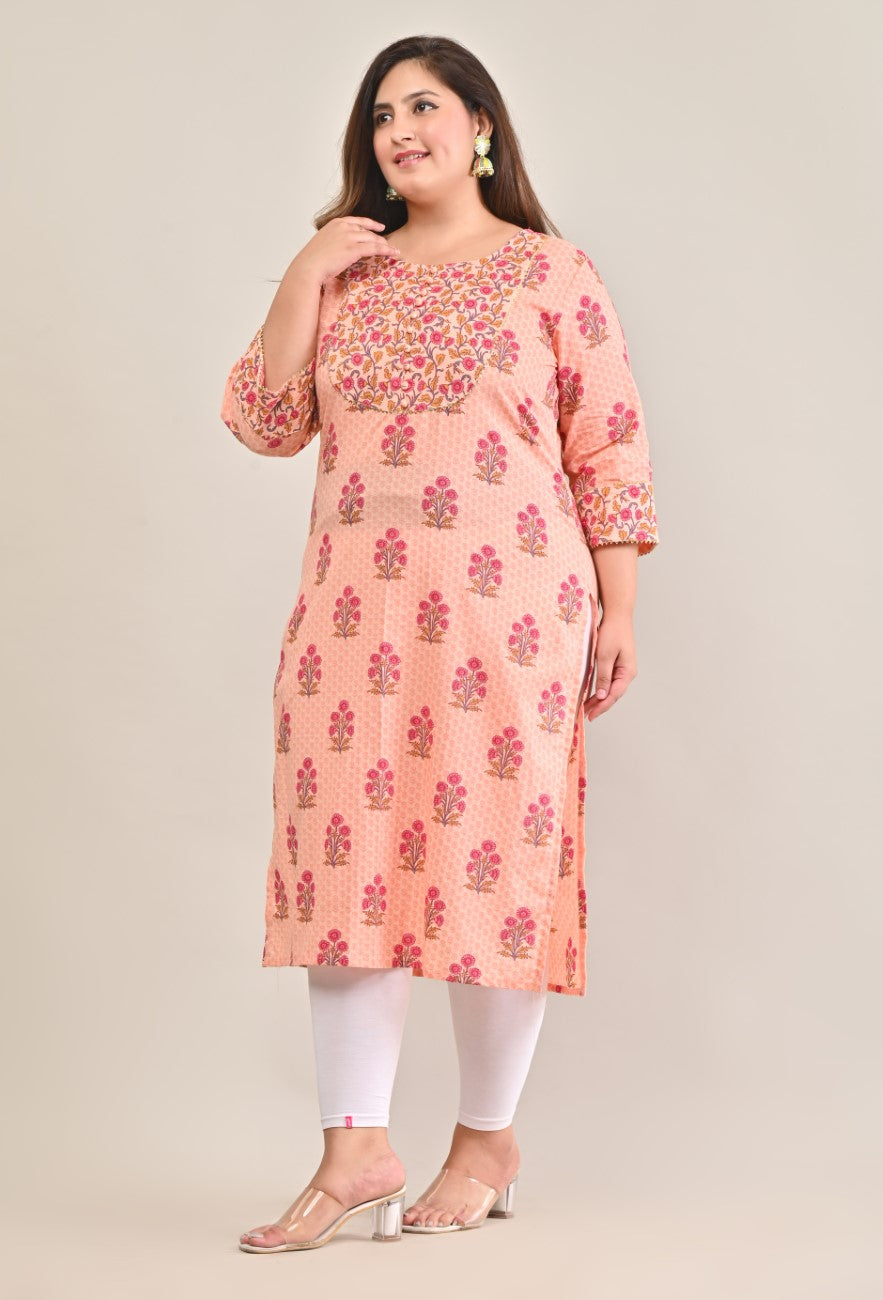Plus Size Peach Cotton Printed Straight Kurta-575