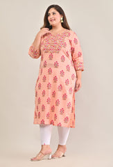 Plus Size Peach Cotton Printed Straight Kurta-575