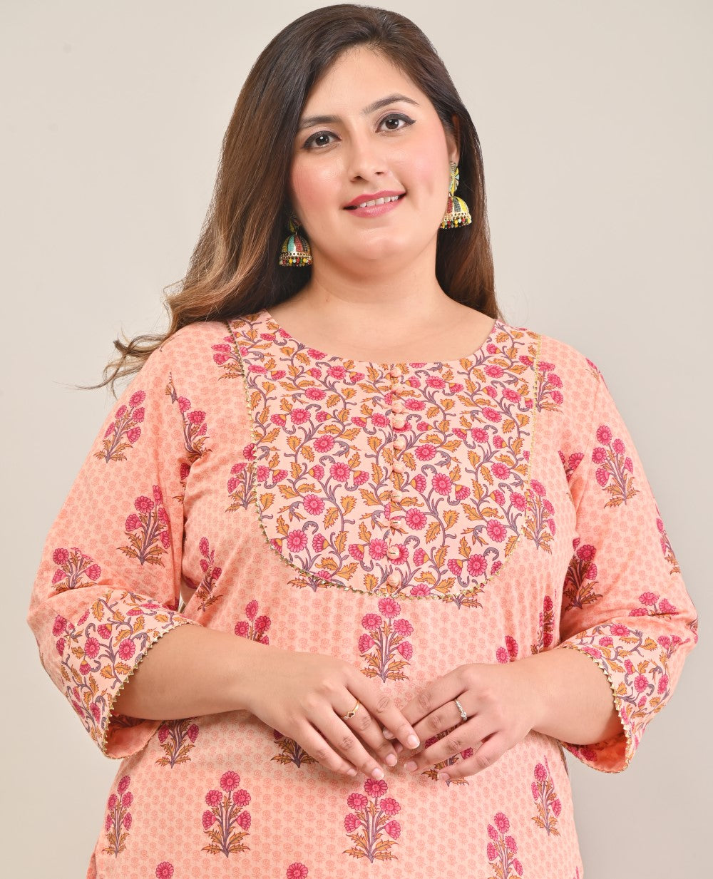 Plus Size Peach Cotton Printed Straight Kurta-575