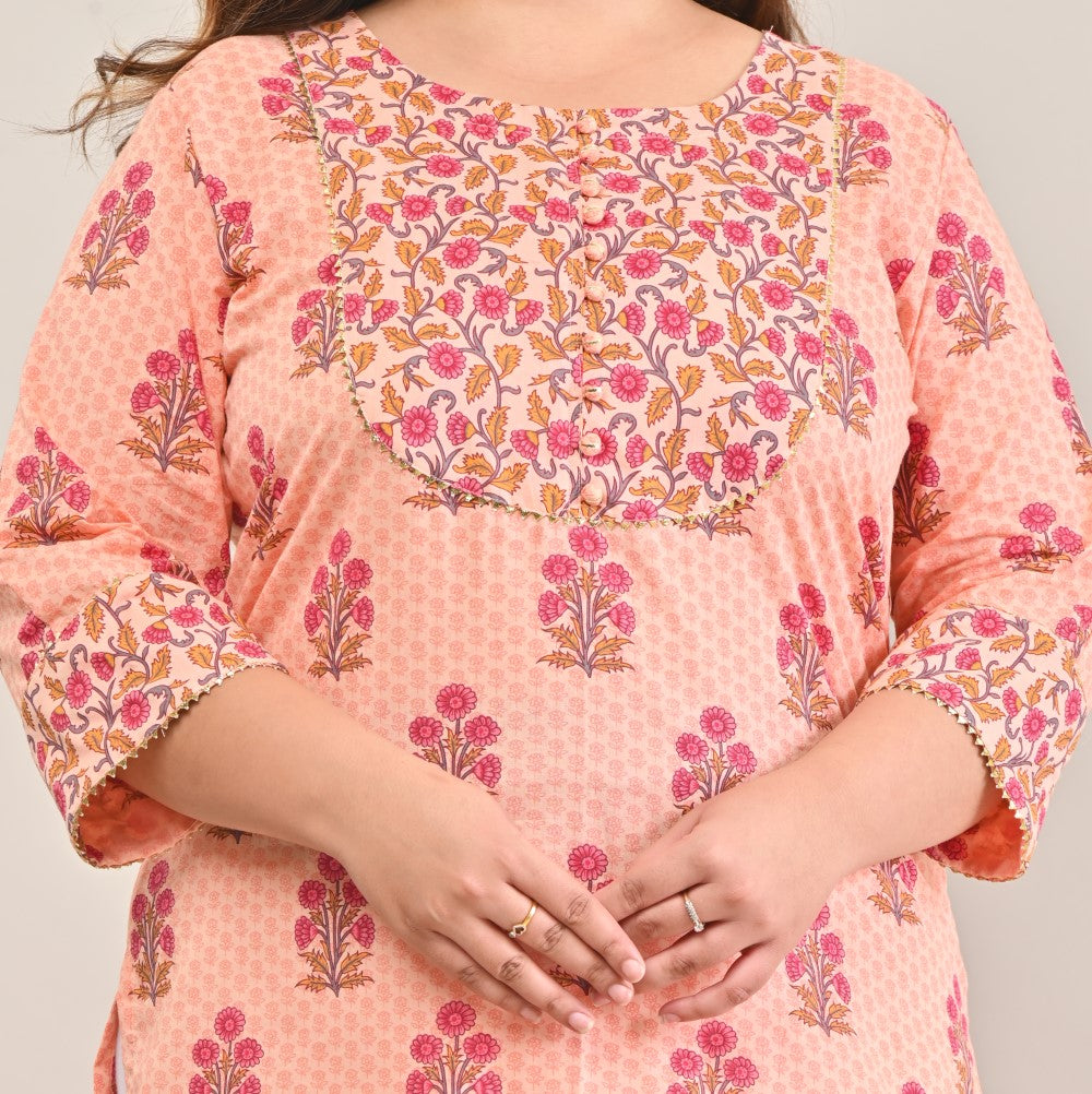 Plus Size Peach Cotton Printed Straight Kurta-575