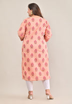 Plus Size Peach Cotton Printed Straight Kurta-575