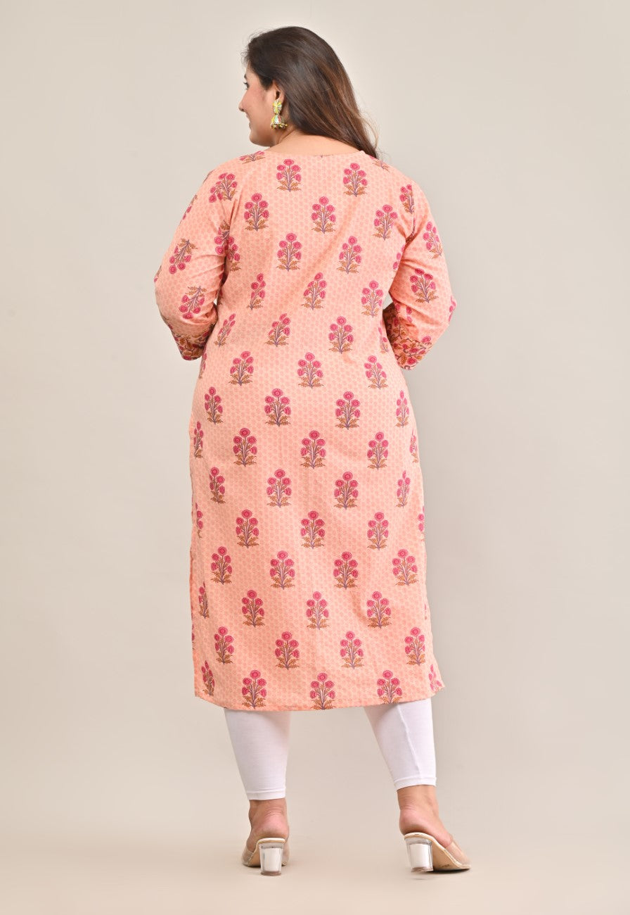 Plus Size Peach Cotton Printed Straight Kurta-575