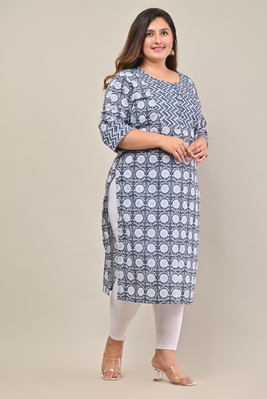 Plus Size Grey Cotton Print Straight Kurta-576