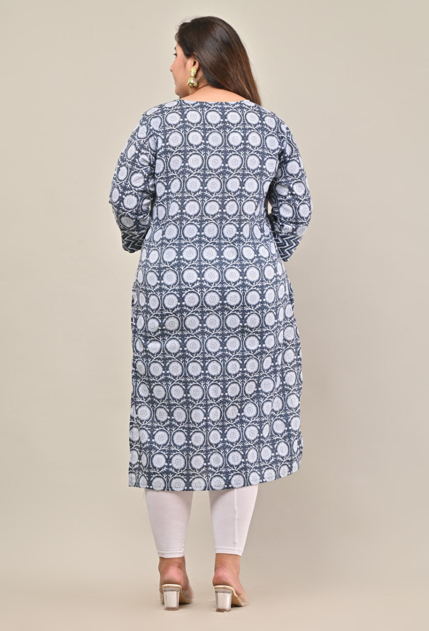 Plus Size Grey Cotton Print Straight Kurta-576