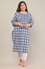 Plus Size Grey Cotton Print Straight Kurta-576