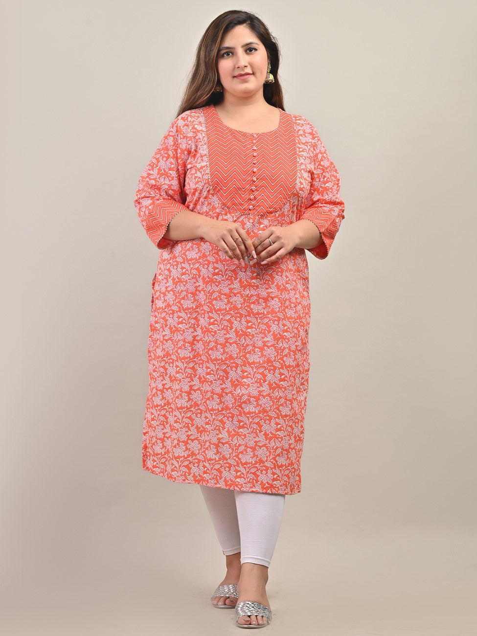 Plus Size Peach Cotton Floral Print Straight Kurta-583 Secondary image