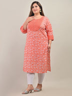 Plus Size Peach Cotton Floral Print Straight Kurta-583