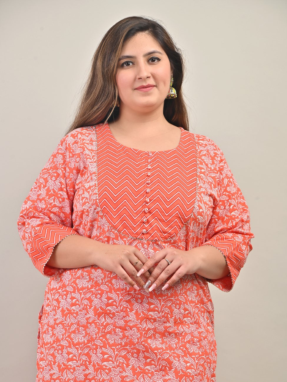 Plus Size Peach Cotton Floral Print Straight Kurta-583