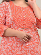 Plus Size Peach Cotton Floral Print Straight Kurta-583