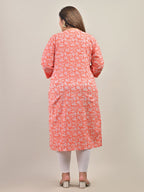 Plus Size Peach Cotton Floral Print Straight Kurta-583