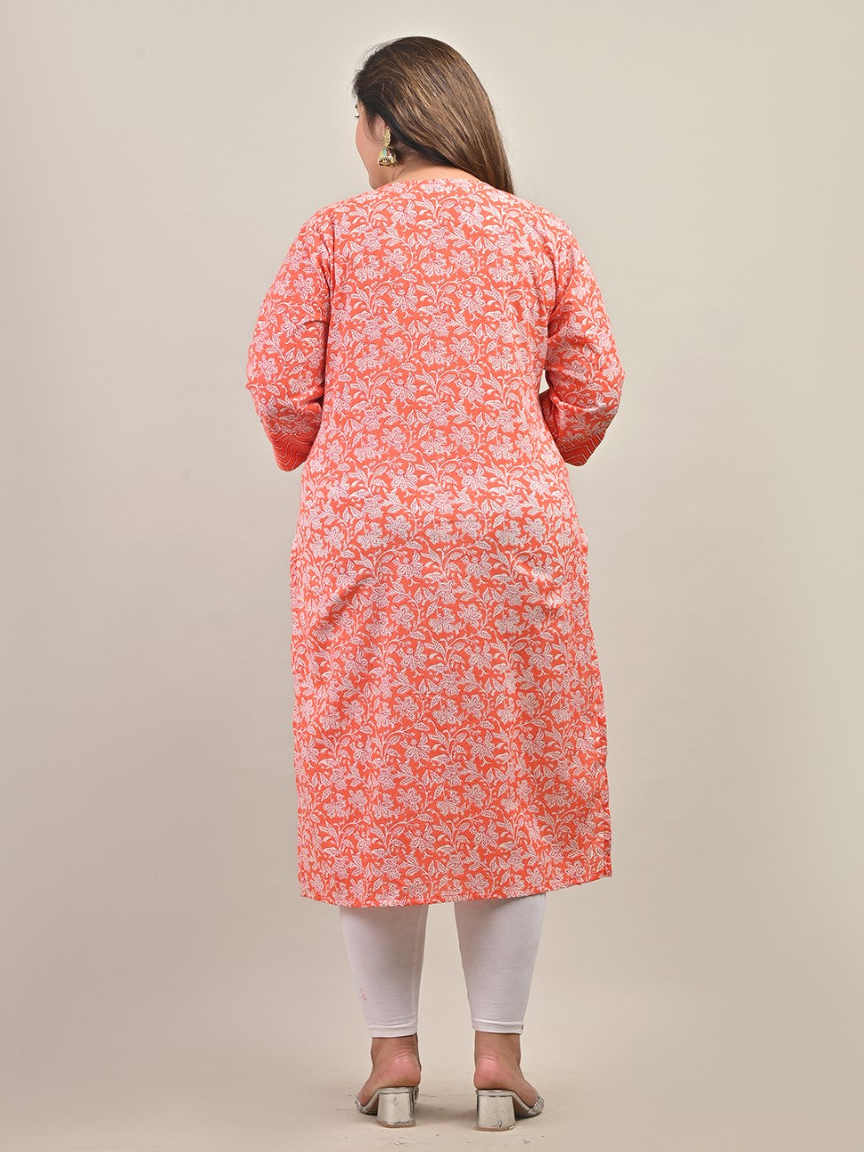 Plus Size Peach Cotton Floral Print Straight Kurta-583