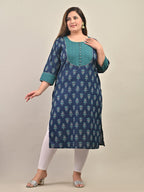 Plus Size Blue Cotton Floral Print Straight Kurta-584