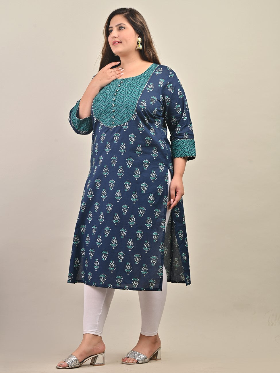 Plus Size Blue Cotton Floral Print Straight Kurta-584