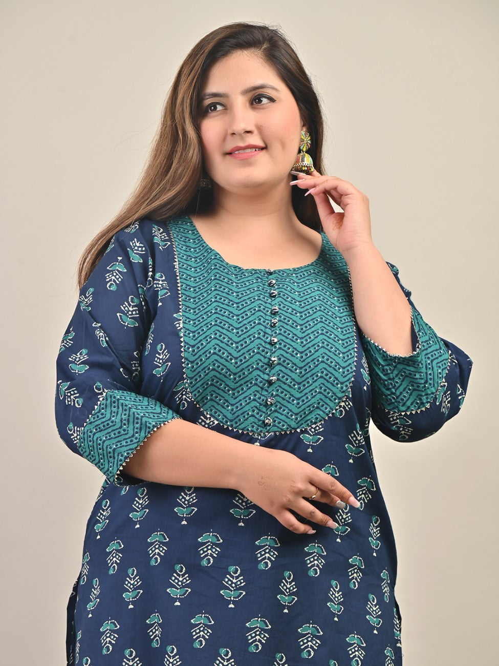 Plus Size Blue Cotton Floral Print Straight Kurta-584