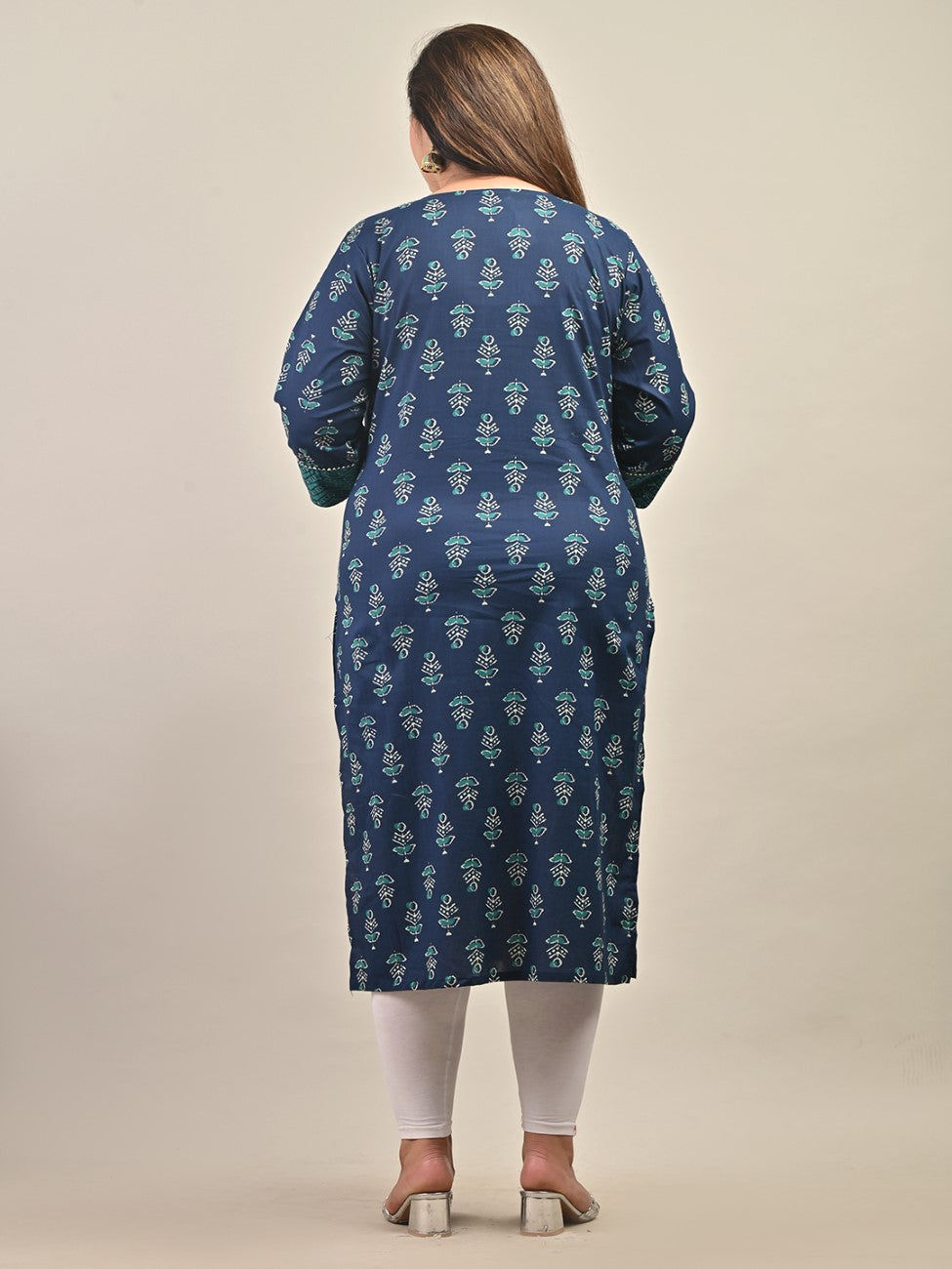 Plus Size Blue Cotton Floral Print Straight Kurta-584