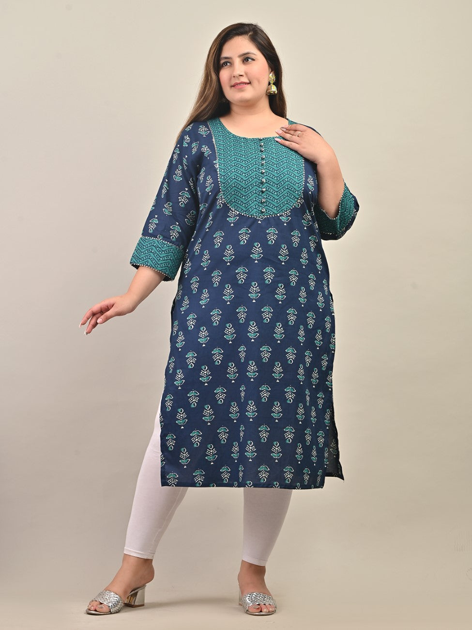 Plus Size Blue Cotton Floral Print Straight Kurta-584 Main image