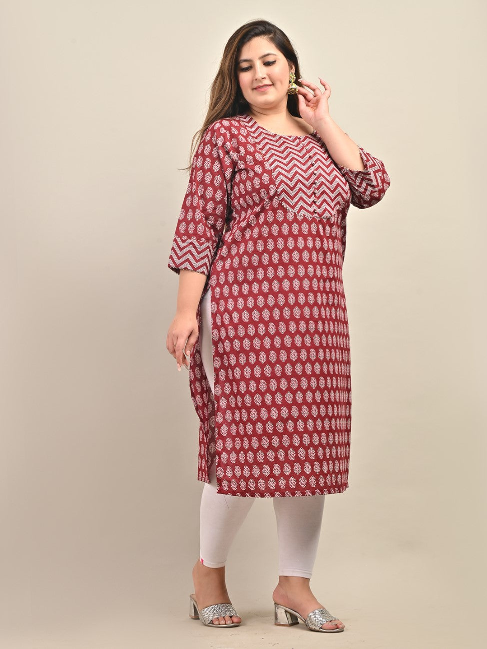 Plus Size Maroon Cotton Floral Print Straight Kurta-585