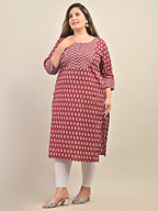 Plus Size Maroon Cotton Floral Print Straight Kurta-585