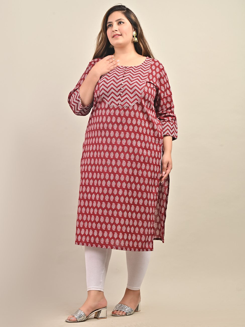 Plus Size Maroon Cotton Floral Print Straight Kurta-585