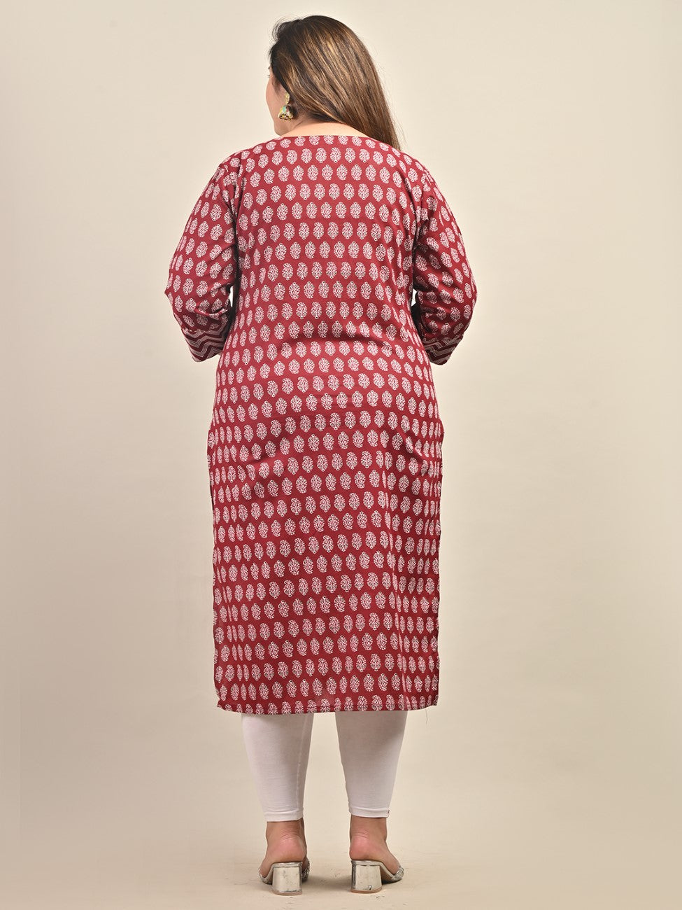 Plus Size Maroon Cotton Floral Print Straight Kurta-585