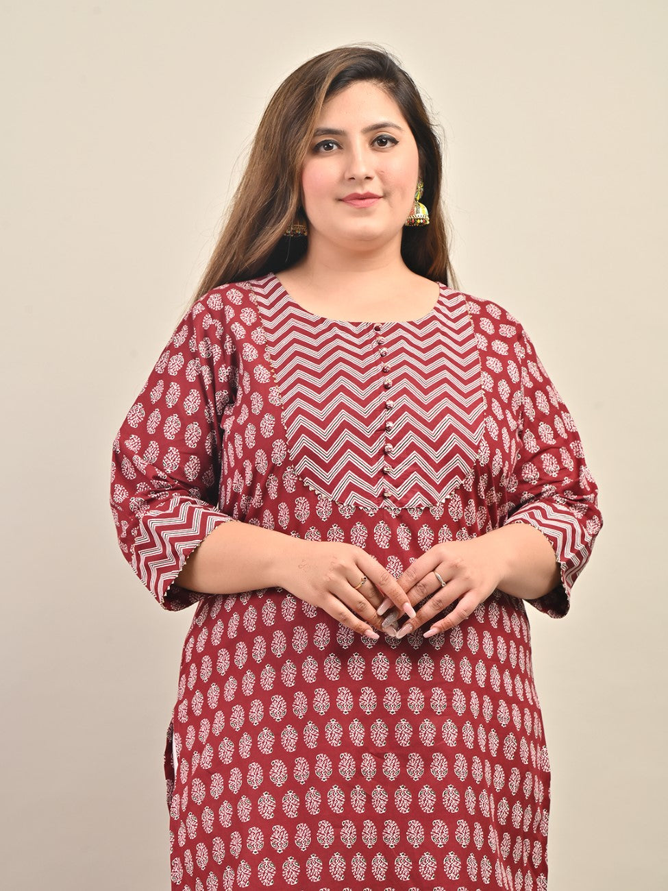 Plus Size Maroon Cotton Floral Print Straight Kurta-585