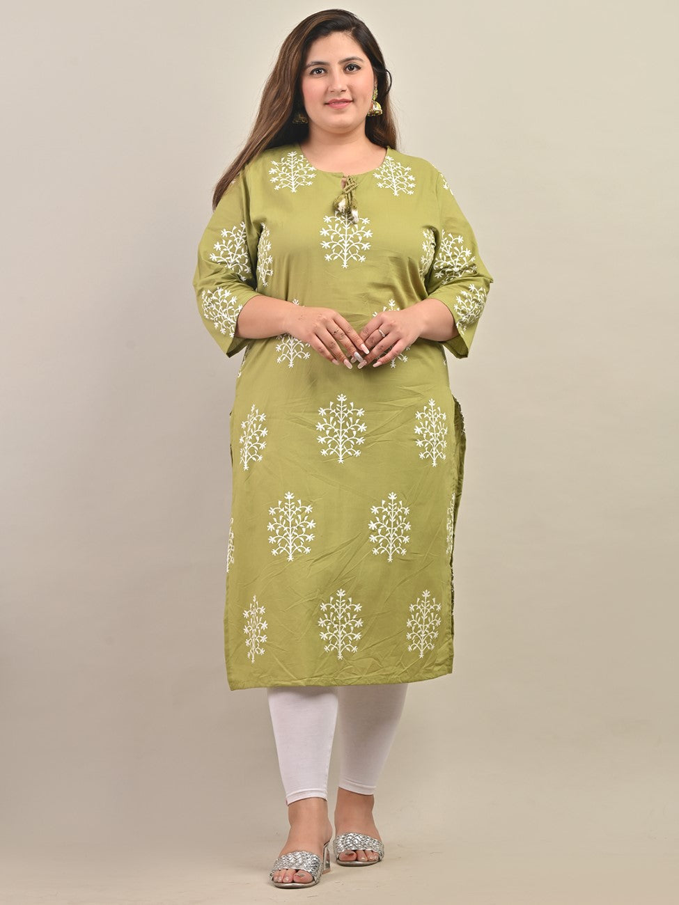 Plus Size Green Cotton Floral Print Straight Kurta-588