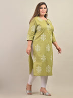 Plus Size Green Cotton Floral Print Straight Kurta-588