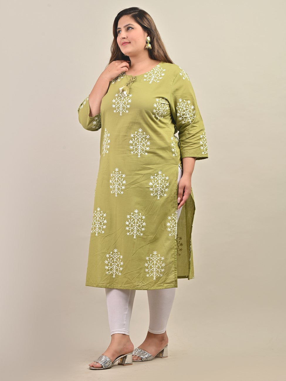 Plus Size Green Cotton Floral Print Straight Kurta-588