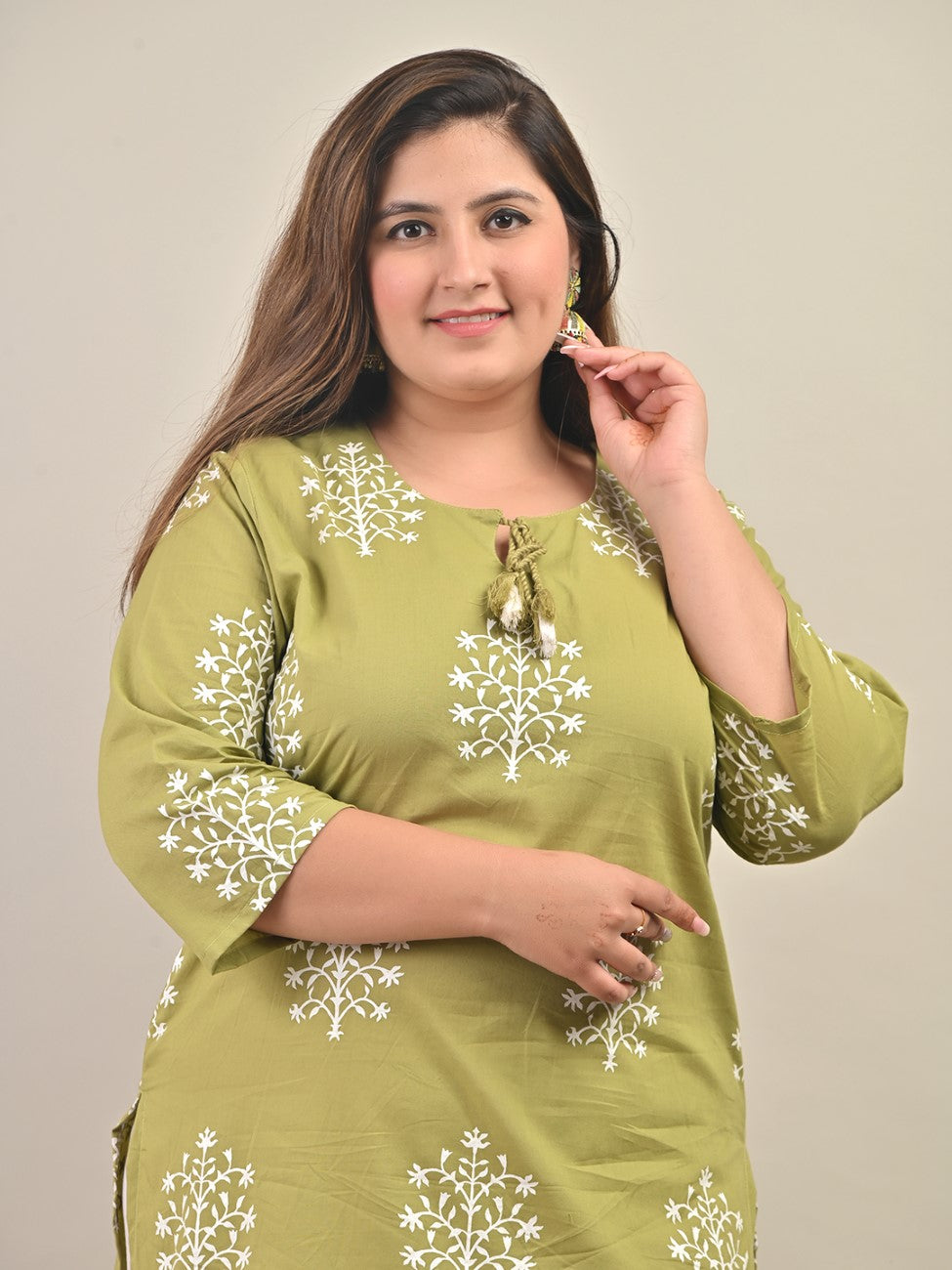 Plus Size Green Cotton Floral Print Straight Kurta-588