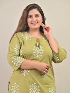 Plus Size Green Cotton Floral Print Straight Kurta-588