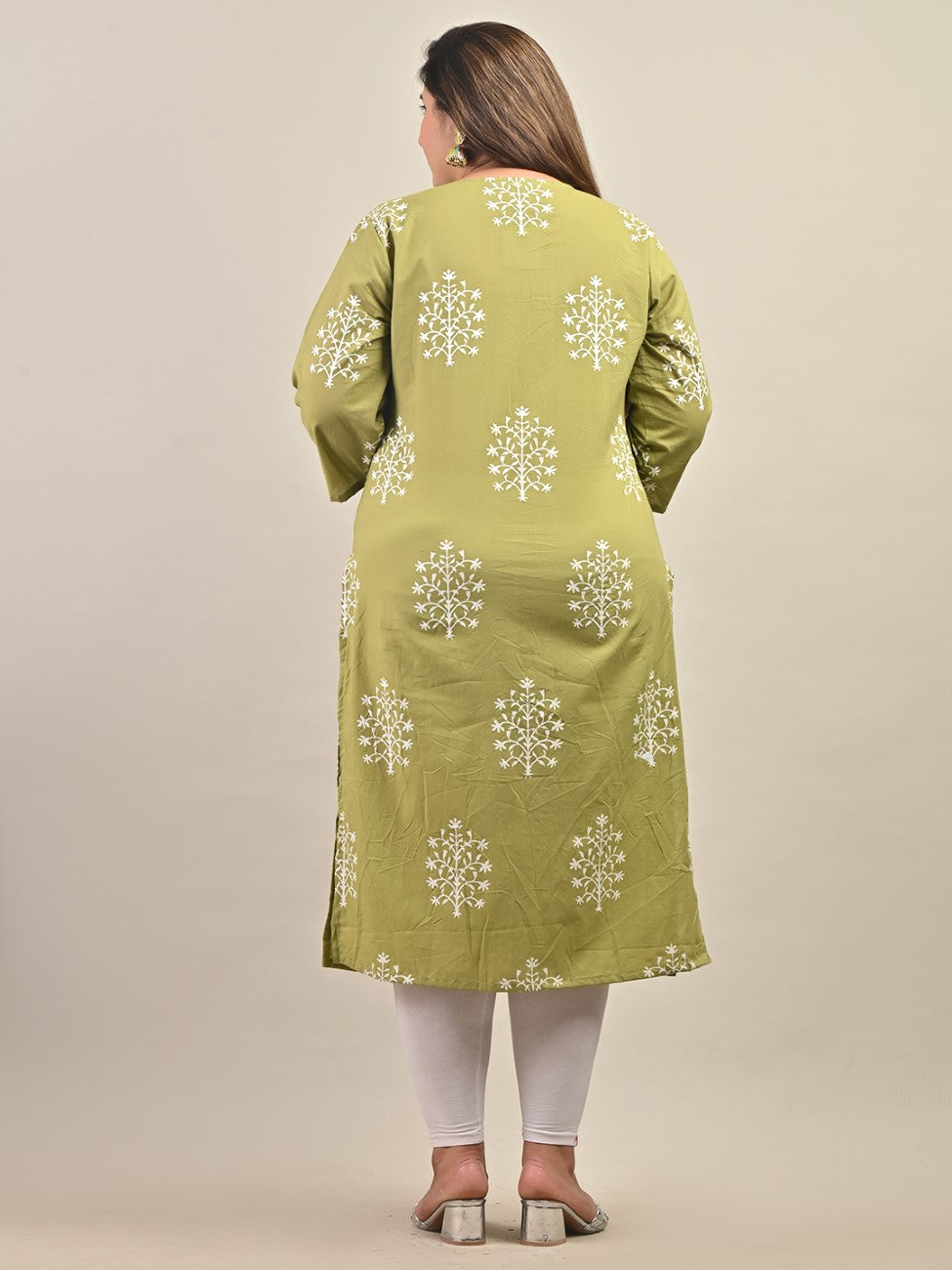 Plus Size Green Cotton Floral Print Straight Kurta-588