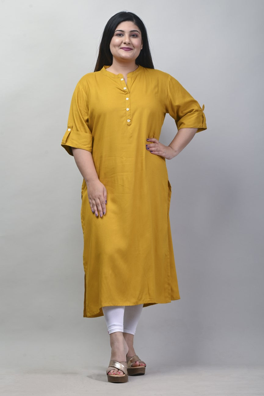 Plus Size Mustard Cotton Blend Straight Kurta-621 Main image