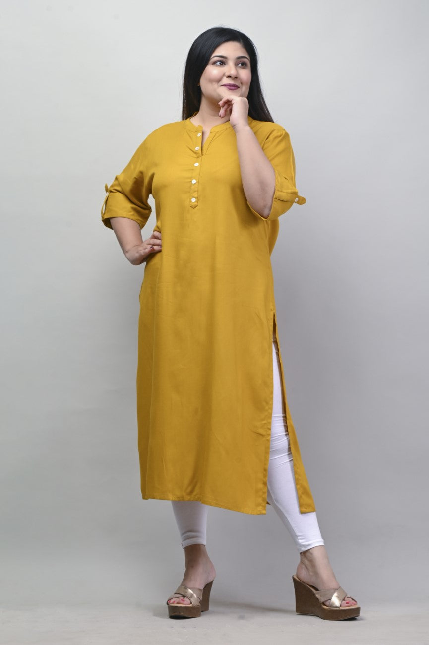 Plus Size Mustard Cotton Blend Straight Kurta-621 Secondary image