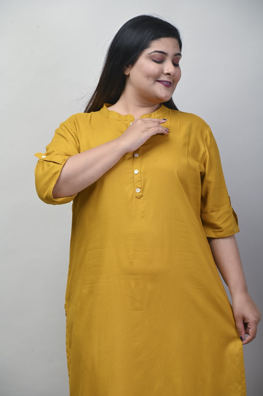 Plus Size Mustard Cotton Blend Straight Kurta-621