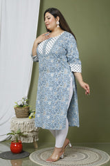 Plus Size Blue Cotton Block Print Straight Kurta-632