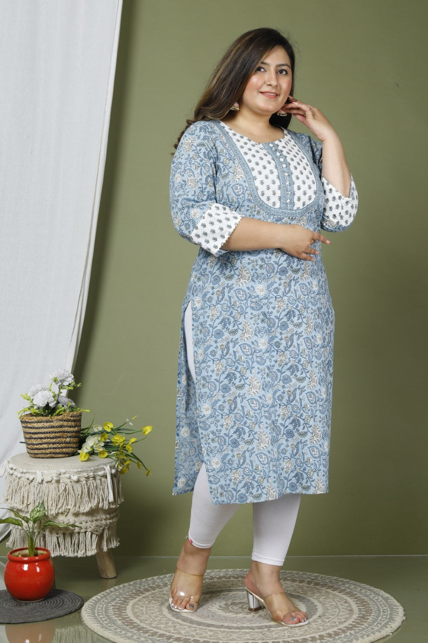 Plus Size Blue Cotton Block Print Straight Kurta-632